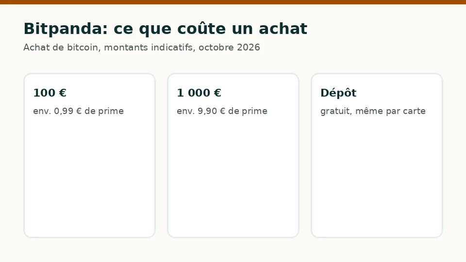 Bitpanda: frais indicatifs pour un achat de 100 € et de 1 000 € de bitcoin