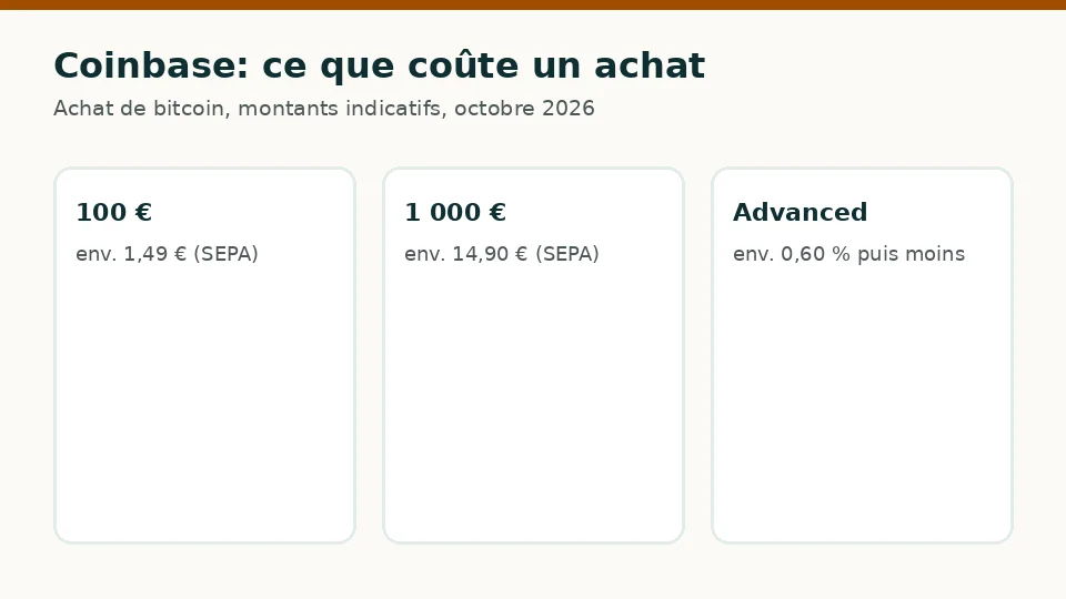 Coinbase: frais indicatifs pour un achat de 100 € et de 1 000 € de bitcoin