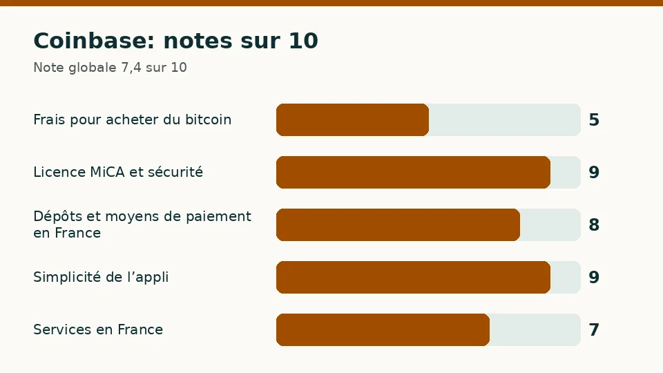 Coinbase: notes sur 10 pour chacun des cinq critères