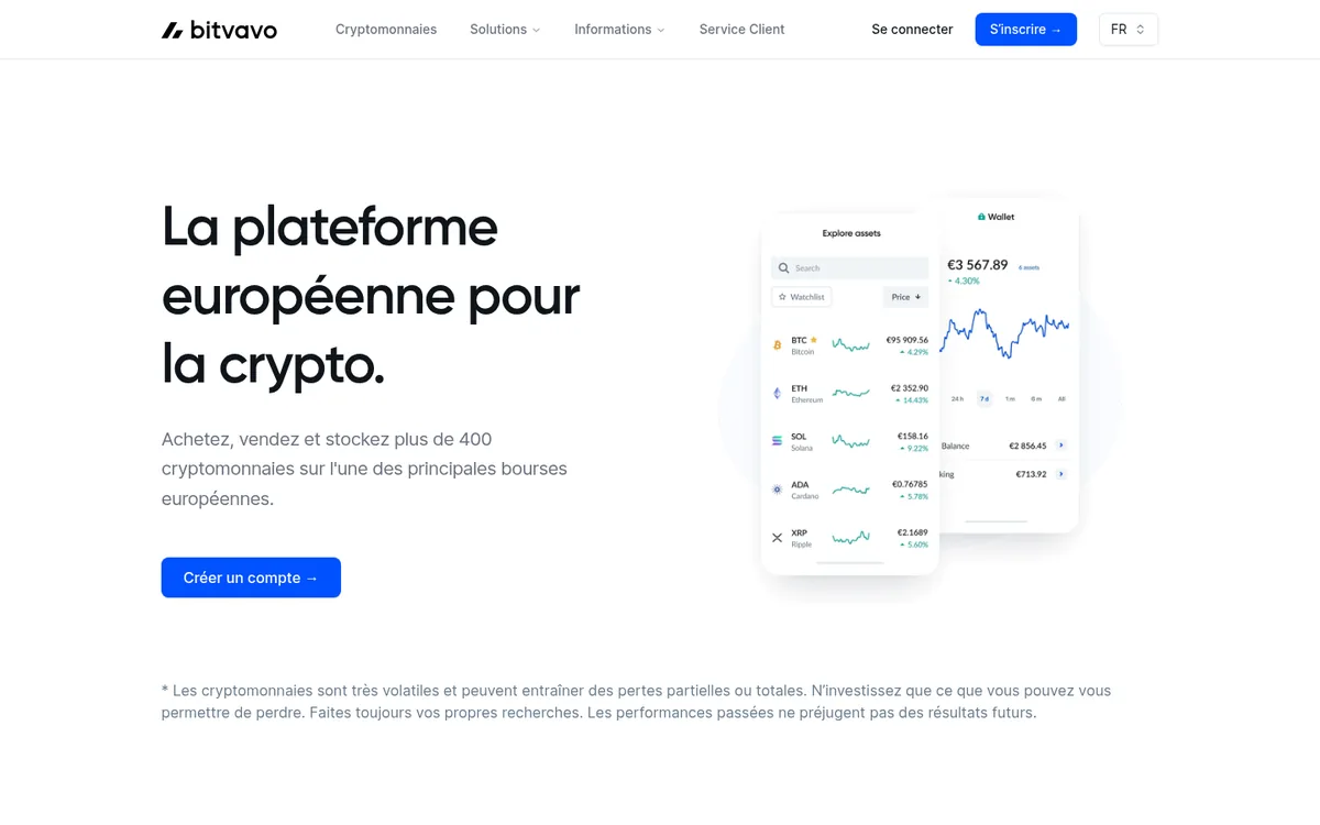 Page d'accueil de Bitvavo sur ordinateur – achat cryptomonnaie chez Bitvavo