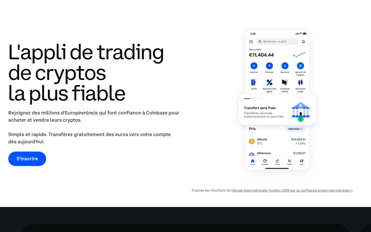 Page d'accueil de Coinbase sur ordinateur – achat cryptomonnaie chez Coinbase