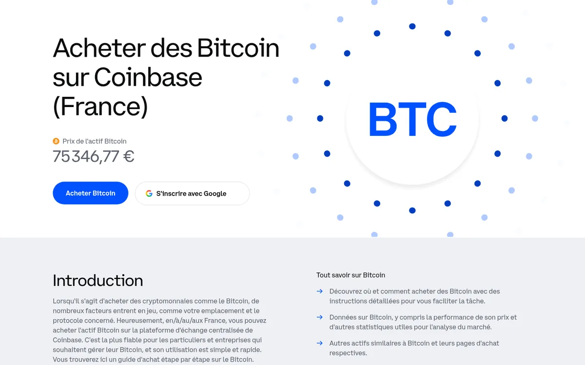 Page d'achat de bitcoin chez Coinbase – achat cryptomonnaie chez Coinbase