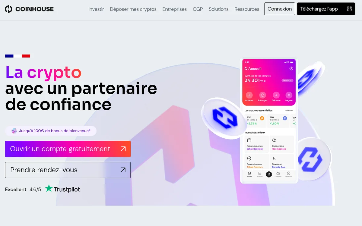 Page d'accueil de Coinhouse sur ordinateur – achat cryptomonnaie chez Coinhouse