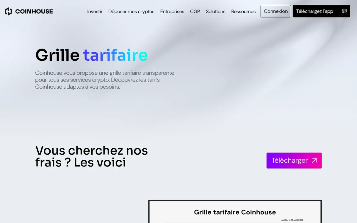 Page des frais de Coinhouse – achat cryptomonnaie chez Coinhouse