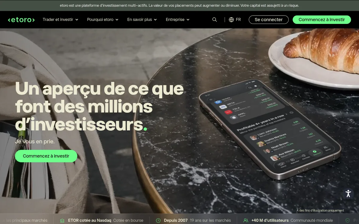 Page d'accueil de eToro sur ordinateur – achat cryptomonnaie chez eToro