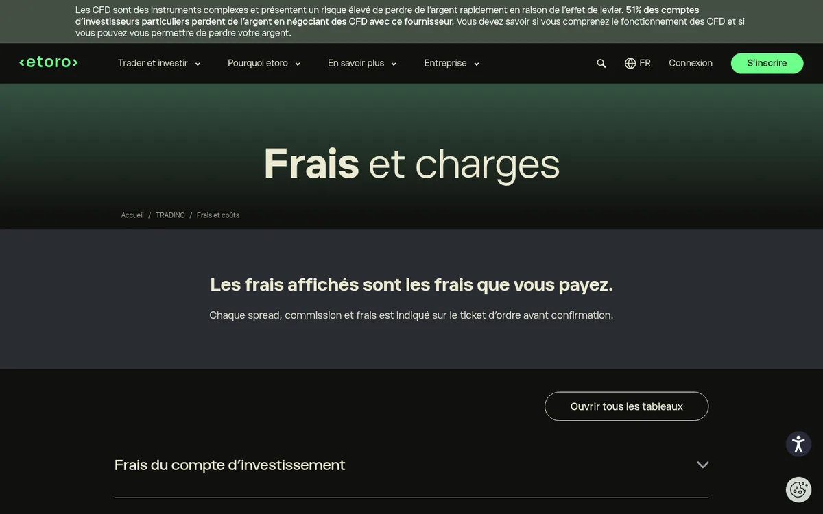 Page des frais de eToro – achat cryptomonnaie chez eToro