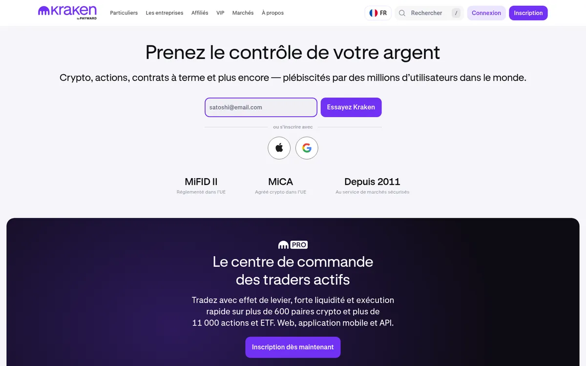 Page d'accueil de Kraken sur ordinateur – achat cryptomonnaie chez Kraken