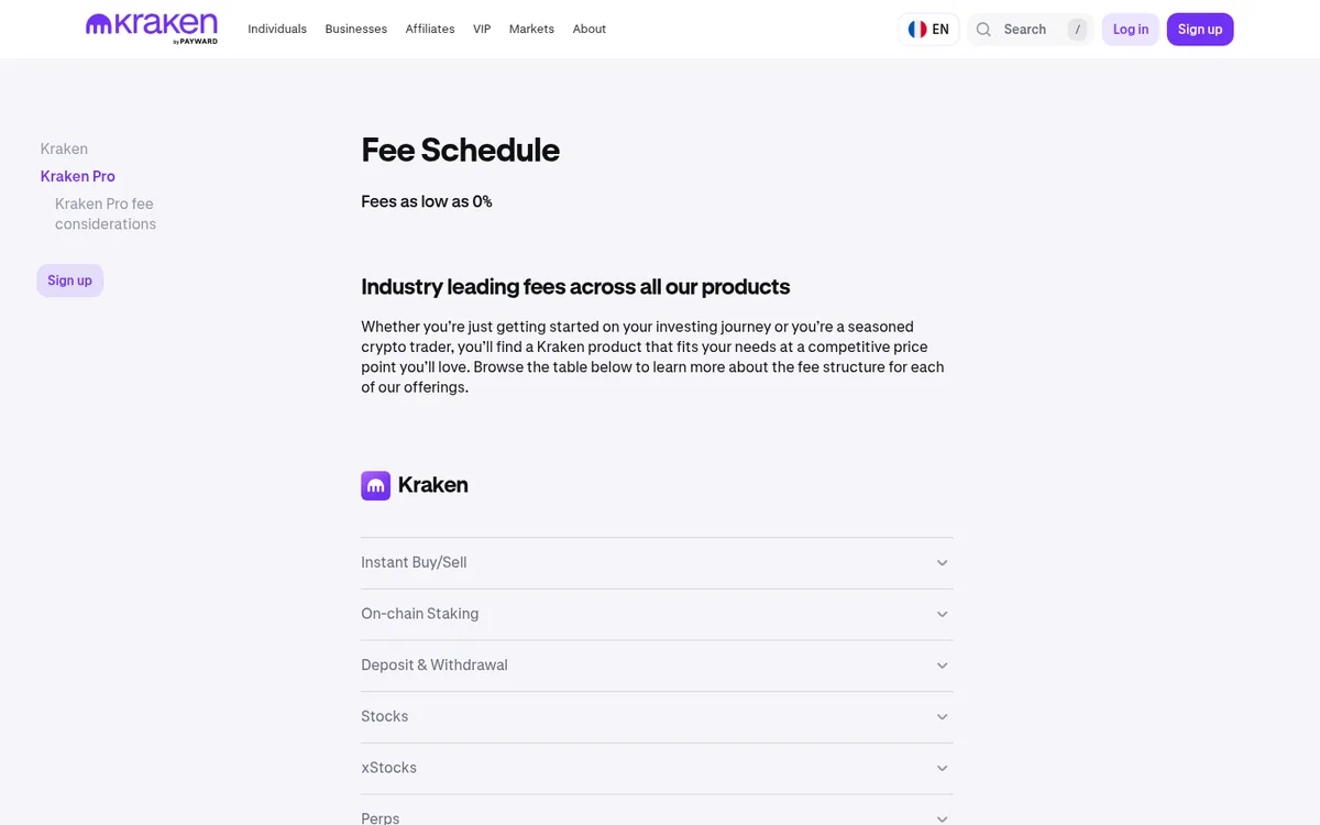 Page des frais de Kraken – achat cryptomonnaie chez Kraken
